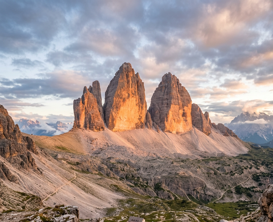 Three towering mountain peaks at sunset with a mountain hut below