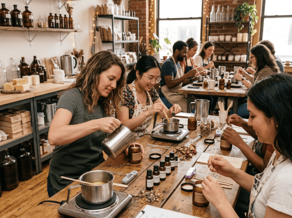 Participants making botanical products at a workshop table